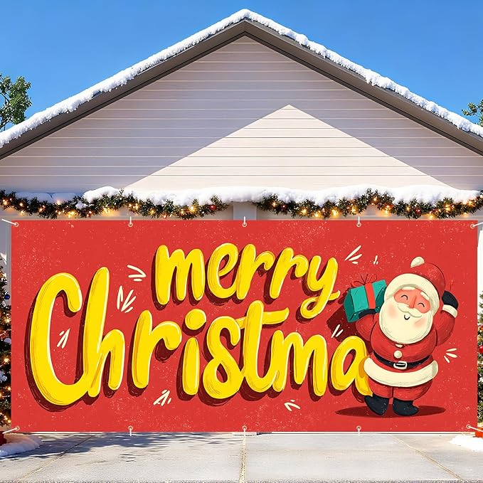 7 x 16 ft Christmas Garage Door Decorations Merry Christmas decorations Xmas Garage Door Cover, Happy New Year Hanging Banner for Home,Outdoor,Indoor,Party
