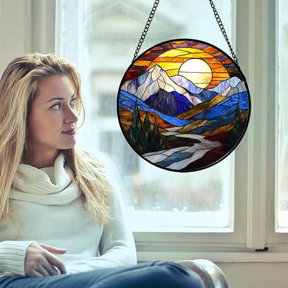 Stained Glass Window Hanging, Yellow Blue Sunset Mountains Scenery Sun Catcher for Window Home Decor Landscape Suncatcher Mother's Day Birthday Gifts for Women Men Mom and Nana 6.3 in