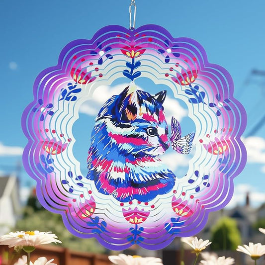 Wind Spinner Mandala 12 inch 3D Stainless Steel Laser Cut Metal Art Geometric Pattern Hanging Wind Spinner (Purple Cat)