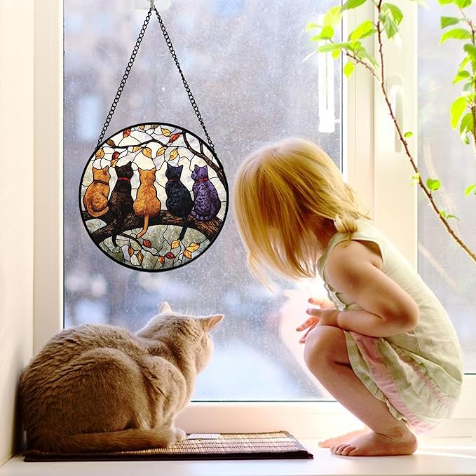DASTOLL Stained Glass Window Hanging - 5 Cats on a Branch Suncatcher for Window Doors Home Decoration and Christmas, Mother's Day Father's Day Birthday Gifts for Women, Men, and Mom 6.3x6.3 in