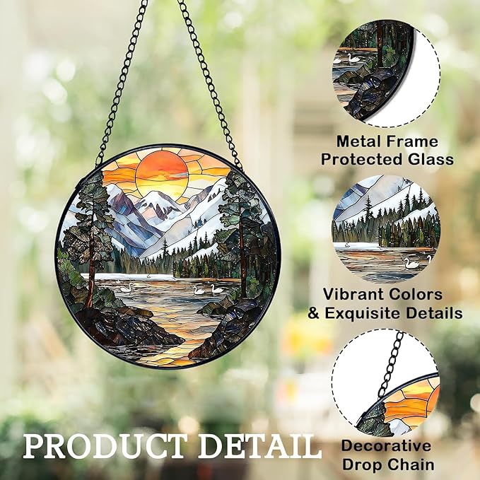 Stained Glass Window Hanging, Sunset Mountains and Lakes Landscape Suncatcher for Window Doors Garden Home Decoration, Glass Panel Ornaments for Women,Men,Wife, Lovers, and Mom 7.8×7.8 in