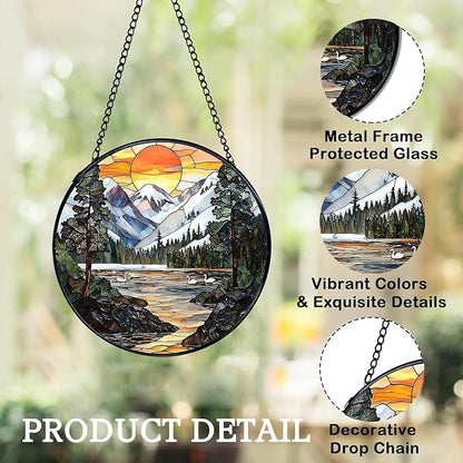 Stained Glass Window Hanging, Sunset Mountains and Lakes Landscape Suncatcher for Window Doors Garden Home Decoration, Glass Panel Ornaments for Women,Men,Wife, Lovers, and Mom 7.8×7.8 in