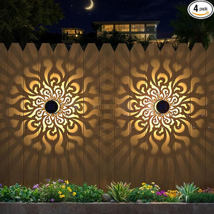 Solar Fence Lights 4 Pack Outdoor Deck Step Wall Lights Metal Waterproof LED Warm Yellow Light for Garden Post Patio Backyard Yard Decor (Mandala-4, 4)