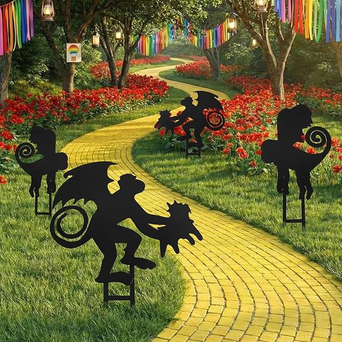 Leinuosen 4 Pcs Wizard Party Decoration Monkeys Metal Garden Stake Decor 14" 12" Outdoor Animal Metal Insert Yard Monkey Silhouette Stake Decor Statues for Wizard Party, Yard, Patio, Lawn, Garden