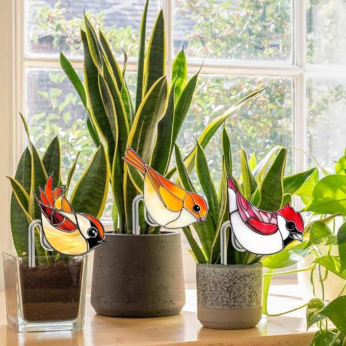 Bird Butterfly Flower Plant Pot Stake Decoration, 4.7 Inch 2D Colorful Acrylic Bird Butterfly Garden Ground Insert Decor, Outdoor Yard Lawn Pathway Patio Art Ornaments, Gifts for Mom (G)