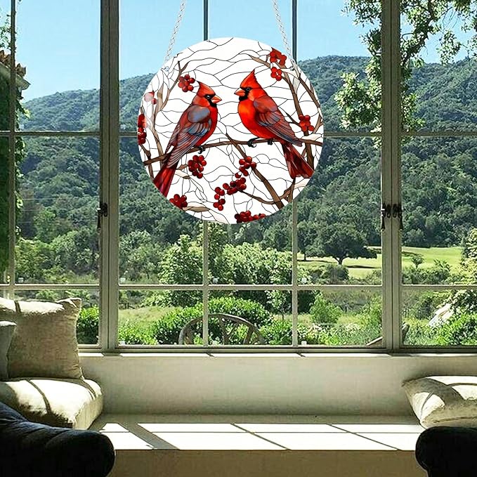 1 pcs 5.9'' Acrylic Window Hanging Cardinal Suncatcher Decor,Red Bird Suncatcher Panel Outdoor Wall Art Stained Panel Hangings Gift for Home Garden Ornament for Birds Lover (Style A)