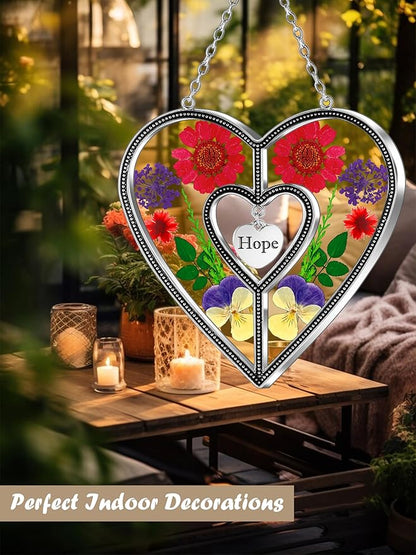 KY&BOSAM Heart Suncatchers Hope Stained Glass Hangings for Windows Sun Catcher with Unique Pressed Real Flower in Heart for Home Garden Decor Birthday Gifts for Women Mothers Day Christmas Ornament