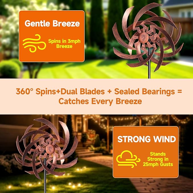 Wind Spinners Outdoor Garden Decor, 360°Metal Kinetic Wind Sculpture Spinner, 16W*76H inch Windmill for Yard, Patio, Backyard, Garden Gifts for Women