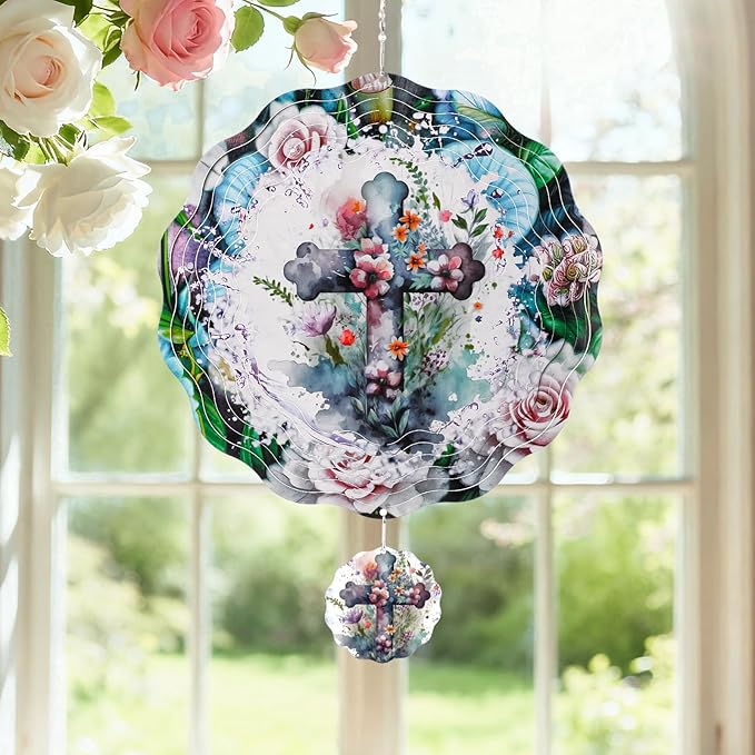 Cross Wind Spinners Outdoor - 3D Christian Christmas Winter Wind Spinner for Yard Patio Ornament Garden Decor, 12 Inch Hanging Kinetic Metal Wind Spinners Xmas Merry Gifts for Mom