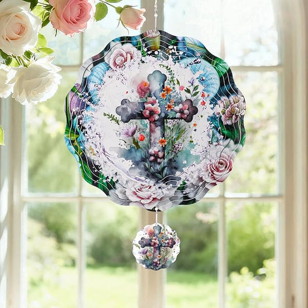 Cross Wind Spinners Outdoor - 3D Christian Christmas Winter Wind Spinner for Yard Patio Ornament Garden Decor, 12 Inch Hanging Kinetic Metal Wind Spinners Xmas Merry Gifts for Mom