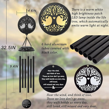 Solar Tree of Life Wind Chimes - Memorial Gift for Mom, Outdoor Garden Decor
