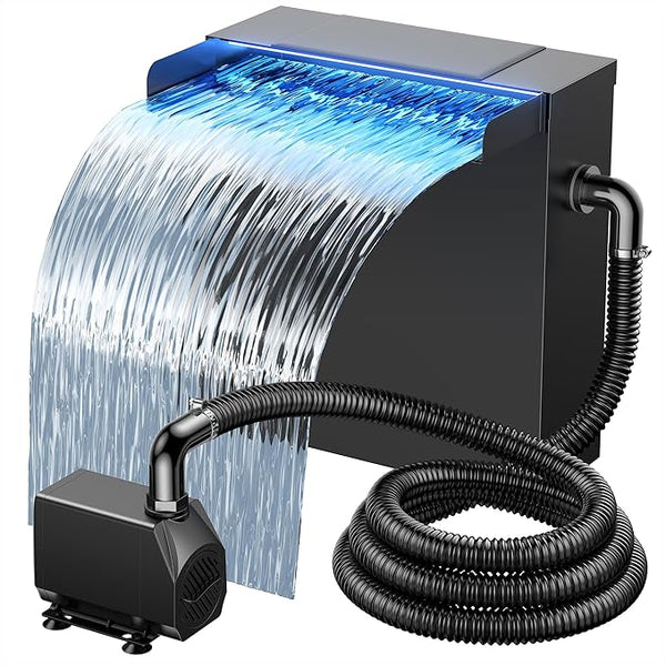 NFESOLAR Pond Waterfall Spillway with Pump Kit, Large 11.8" W 13.4" H Capacity Stainless Pond Waterfall Box with Filtration, LED Lights for Garden Outdoor Pond up to 2000 Gallons N4313