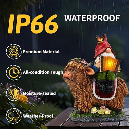 Garden Gnomes Outdoor Statues: 8'' Solar Light Gnome Decor on Highland Cow Play The Accordion Unique Birthday Gifts for Women Mother Grandma