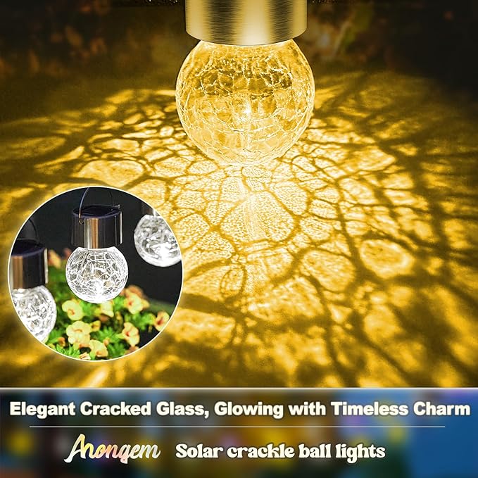 Solar Hanging Lanterns Outdoor: 12 Pack Cracked Glass Ball Lights with Clip - Waterproof Warm White Fairy Globe Lighting Yard Tree Ornaments - Gardening Gifts for Mom Grandma