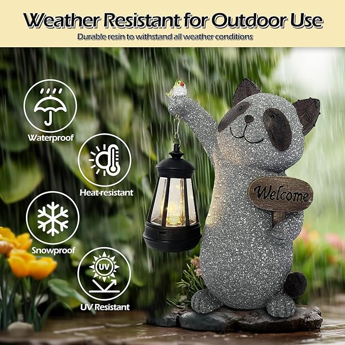 Raccoon Garden Statue with Solar Lantern, Cute Raccoon Figurine Light with Welcome Sign and Bird for Outdoor Patio Balcony Yard, Unique Resin Statue for Mom Grandma Women
