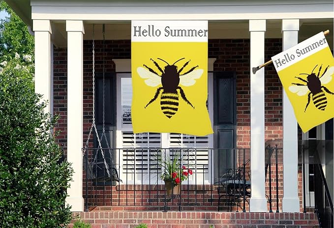 Mugod Bee Honeybee House Flag 28x40 Inch Double Sided Burlap, Hello Summer Large Yard Banner for Outdoor Seasonal Decoration