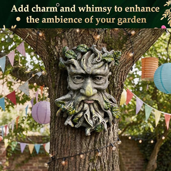 Tree Faces Decor Outdoor, Whimsical Old Man Resin Statue with Foliage Features, Large Outdoor Tree Hugger for Yard Art, Root Detail, Trees Decorations Outdoor Wallmounted Statue