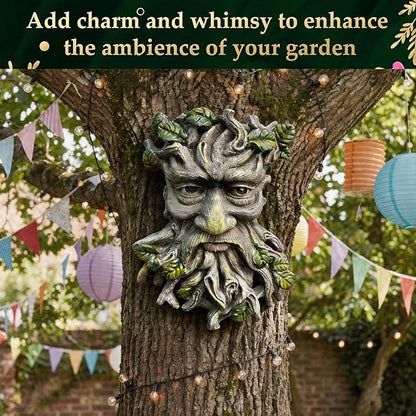 Tree Faces Decor Outdoor, Whimsical Old Man Resin Statue with Foliage Features, Large Outdoor Tree Hugger for Yard Art, Root Detail, Trees Decorations Outdoor Wallmounted Statue