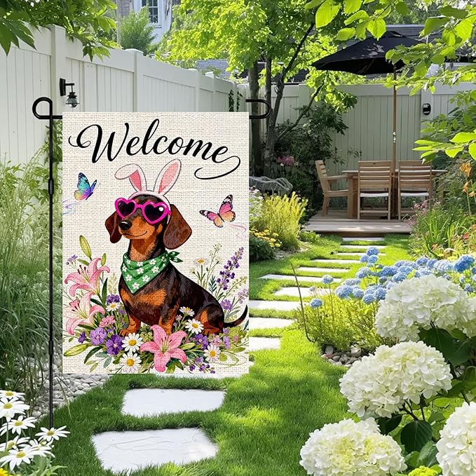 IVN Spring Dachshund Garden Flag 12x18 Welcome Dog Bunny Ears Heart Sunglasses Floral Wildflowers Spring Butterflies Watercolor Double Sided Burlap Yard House Flag Seasonal Outdoor Decoration for Outside Home Front Door Lawn Porch Patio Welcome Summer ...