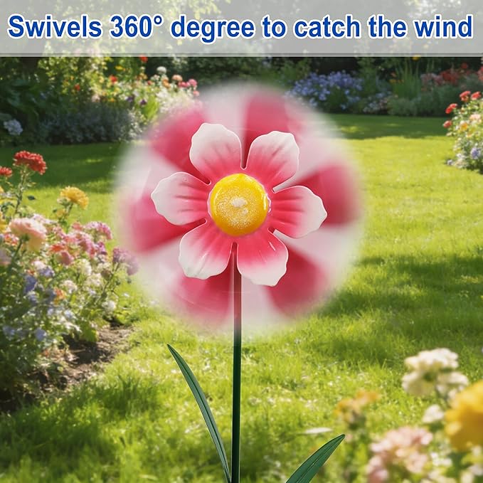 Metal Retro Flower Wind Spinner Art, Guangxie Yard Decorations Outdoor - 2 Pack for Outdoor, Patio, Backyard and Flower Bed Spring Decor (Red & Pink)