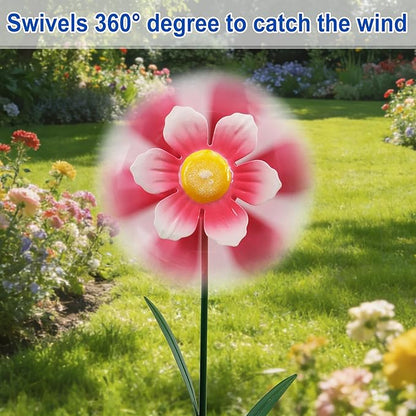 Garden Wind Spinner 2 Pack, Outdoor Metal Flower Stake Decor, Waterproof Kinetic Sculptures for Backyard Flower Bed, Spring Gardening Gifts for Mom (Red/Pink)