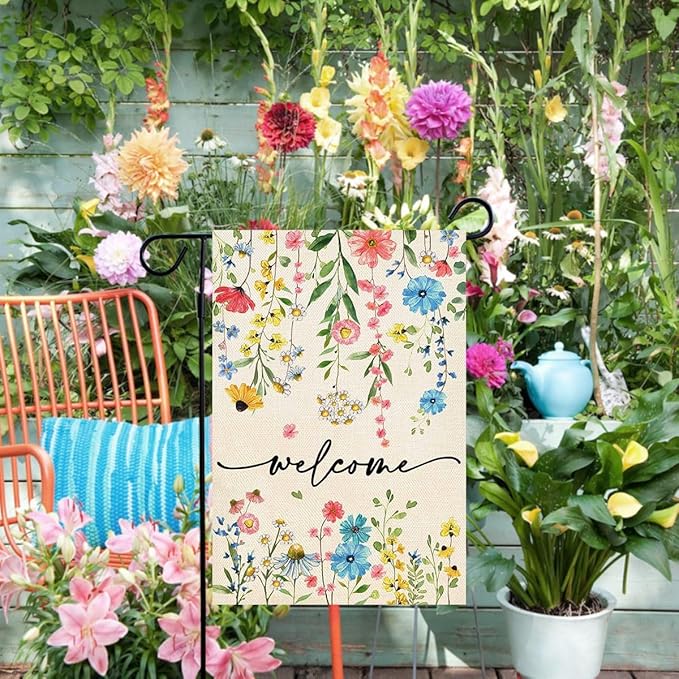 Baccessor Spring Welcome Floral Garden Flag 12.5x18 Inch Double Sided Summer Flower Yard Flag Outside Outdoor Seasonal Burlap Funny Flowers Flags Home Patio Decoration