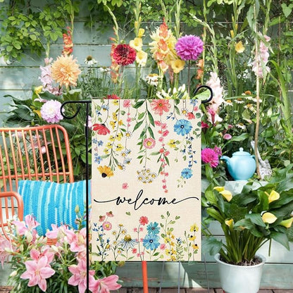 Baccessor Spring Welcome Floral Garden Flag 12.5x18 Inch Double Sided Summer Flower Yard Flag Outside Outdoor Seasonal Burlap Funny Flowers Flags Home Patio Decoration
