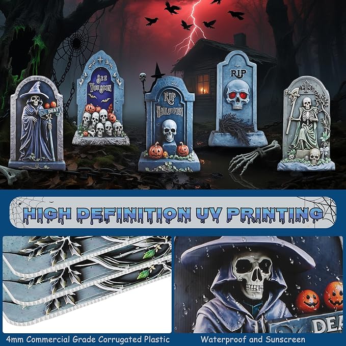 5PCS 26.7X15.7" Large Tombstones Halloween Decorations Garden Signs,Outdoor Cemetery Tombstone Decoration With H Metal Stake,Waterproof Halloween Party Decorations,Outdoor lawn Family Gatherings