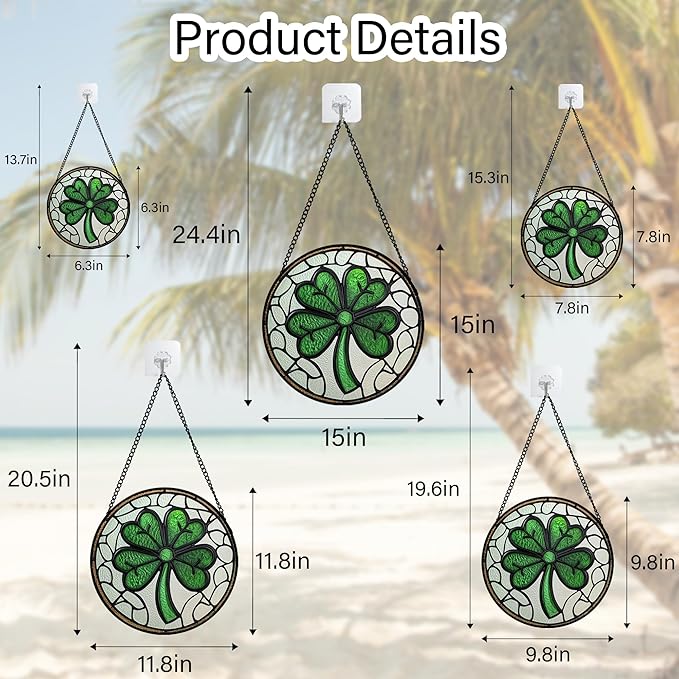 Stained Glass Window Hanging Green Lucky Clover Large 11.8" - Suncatcher Door Garden Sun Catcher Irish Decoration Birthday Christmas St. Patrick's for Mom Men Woman Nana