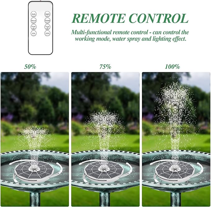 AISITIN 6.5W Solar Fountain Pump with Colorful LED Lights, 3000mAh Battery, Anti-Drift Brackets, 10 Nozzles, Remote Control, Solar Powered Bird Bath Fountain for Outdoor Garden Pond Fish Pond Backyard