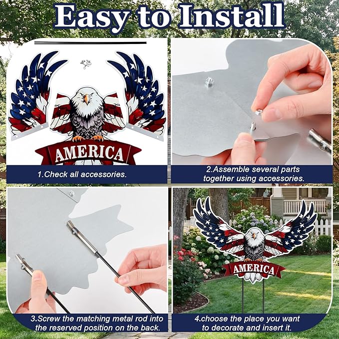 Silkfly 2pcs 4th of July Metal Decorations for Outdoor Patriotic Memorial Day Garden Yard Sign 250th Eagle Metal Blue Red Star Art Decor Outside Americana Garden Stake for Lawn Independence Day Gifts