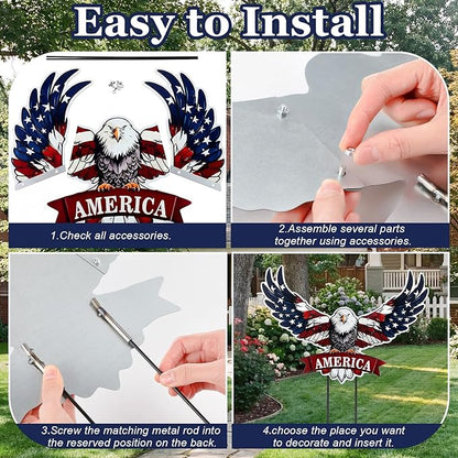 Silkfly 2pcs 4th of July Metal Decorations for Outdoor Patriotic Memorial Day Garden Yard Sign 250th Eagle Metal Blue Red Star Art Decor Outside Americana Garden Stake for Lawn Independence Day Gifts