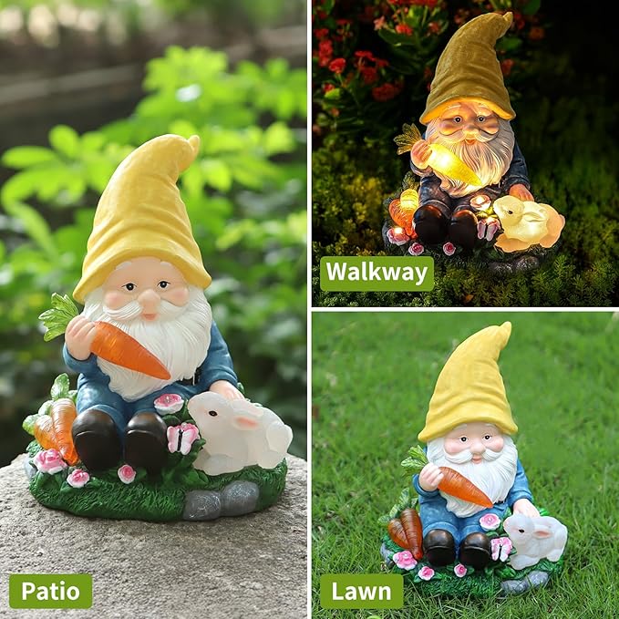 Solar Garden Outdoor Statues Gnome Feeding Rabbit with 6 LED Lawn Decor Outside Decorations for Patio, Balcony, Yard Ornament Unique Garden Gift