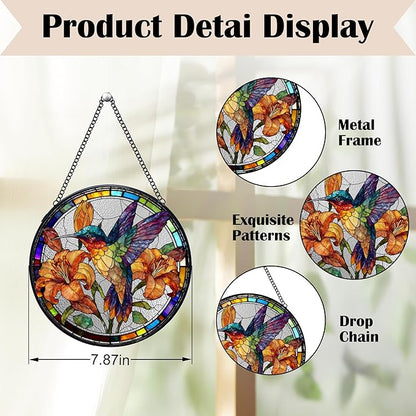 Hummingbird Flower Stained Glass Window Hanging Suncatchers, Hummingbird Bird Sun Catchers Indoor Window Glass Wall Art Decor, Bird Floral Wall Hanging Decorations Sculptures, 7.9x7.9in