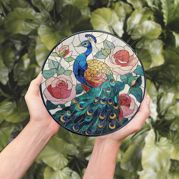 Peacock Stained Glass Window Hanging, Peacock Suncatchers, Bird Rose Flowers Sun Catchers Indoor Window Round Glass Wall Art Hanging Decorations, 7.9x7.9in
