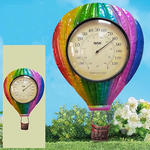 Metal Balloon Thermometer Indoor Outdoor Wall Art Decor, Colorful hot Balloon Plaque Sculpture Hanging Mounted for Living Room Bedroom Kitchen Workroom Patio, no Battery Required