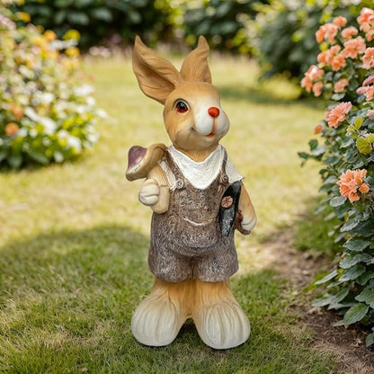 15 inch Resin Bunny Garden Statue, Labor Day Gardener Rabbit, Rabbit Topiary Sculpture for Yard, Patio, Lawn (Mushroom&Hoe)