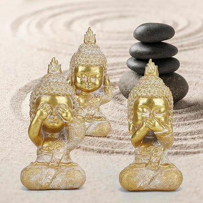 Owl Statue Garden Decor, Resin Waterproof Halloween Indoor Outdoor Lawn Yard Patio Office Living Room Decoration Gifts for Mom Women (8.3 Inch) (Golden 3 Buddha)