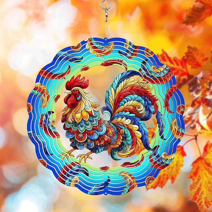 Rooster Wind Spinner, 3D Hanging Stainless Steel Garden Spinner, Wind Spinner Hanging for Outdoor & Indoor Décor, Unique Gifts for Yard Garden Decoration or Patio Décor (Rooster)