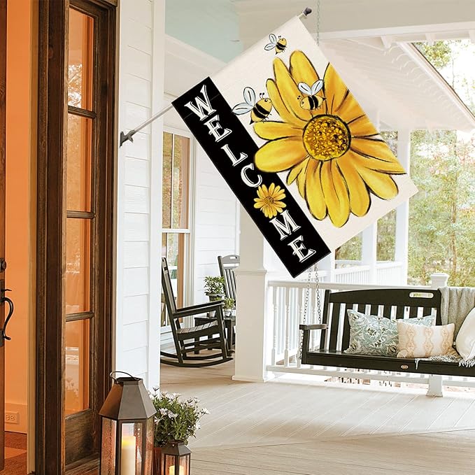AVOIN colorlife Spring Summer Bee Sunflower House Flag 28x40 Inch Double Sided, Welcome Holiday Yard Outdoor Decoration