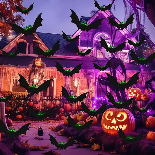 12 Pcs Hanging Bats with Lights Halloween Decoration Outside Pumpkin Skeleton Spider Outdoor Lawn Decorations 3 Size Realistic Ghost for The Tree Porch Yard Lawn Indoor(Bat)