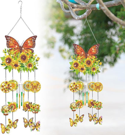 GlikCeil Diamond Art Wind Chimes 3D Sunflower Butterfly DIY Diamond Art Kits Painting Suncatcher Wind Chime with Double Sided Crystal Hanging Ornament for Garden Decor(Sunflower Butterfly)