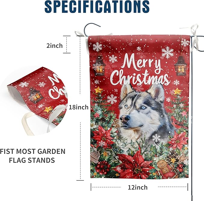 Christmas Husky Garden Flag Merry Christmas Dog Yard Flag for Outside Xmas Flags 12x18 Double Sided Red Poinsettia Garden Flags Winter Porch Decorations Outdoor