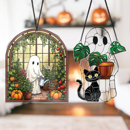 2 Cute Halloween Suncatcher Decorations, 6" Spooky Cute Ghost Plant Window Hangings, Ghost with Black Cat Greenhouse, Pumpkin Ornaments Home Garden, Gifts for Plant Lovers, Women
