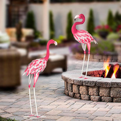 Set of 2 Pink Flamingo Outdoor Statues, Metal Yard Flamingo for Garden Patio Lawn Backyard Decorations