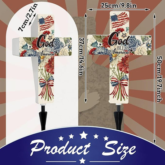 DoubleFill 4th of July Solar Lighted Cross 250 Patriotic Floral Garden Stake Decor 250th Red White and Blue Independence Day Solar Cross God Bless America Yard Decor for Memorial Veterans USA Outdoor