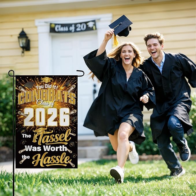 Graduation Decorations 2026 - Class of 2026 Garden Flag | Graduation Decor Party Favors Supplies for Outdoor Indoor Double-Side Backdrop Banner for Garden Porch Patio Lawn Yard Home,12x18Inch (Black)