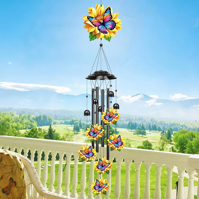 YHmall Sunflower Butterfly Gifts for Women, 35 in Wind Chimes for Outside Mothers Day Gardening Gifts for Mom Colorful Metal Memorial Wind Chime Butterfly Decor for Home Yard Patio Garden Outdoor