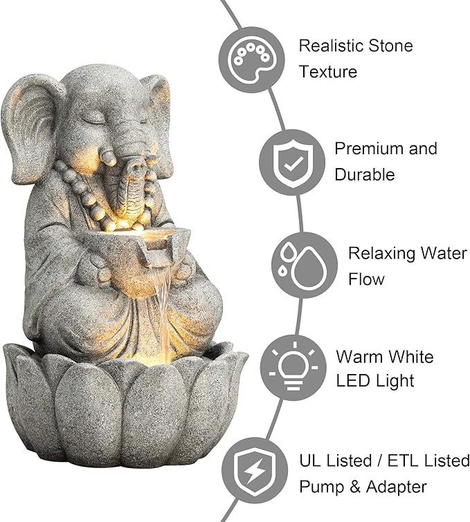 Glitzhome Outdoor Elephant Statues Garden Decorations 22" H, Zen-Style Meditative Elephant Sculpture Water Fountains LED Floor Standing Fountain Outside Elephant Statue with Birdbath for Yard Decor