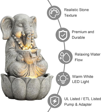 Glitzhome Outdoor Elephant Statues Garden Decorations 22" H, Zen-Style Meditative Elephant Sculpture Water Fountains LED Floor Standing Fountain Outside Elephant Statue with Birdbath for Yard Decor